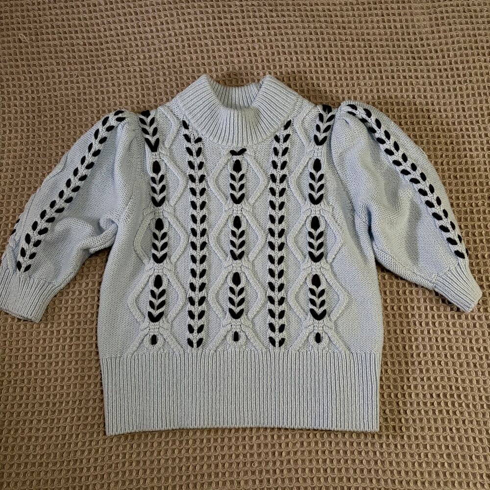Rails Addy Sky Navy Cable Knit Embroidered Puff Sleeve Sweater Womens XS